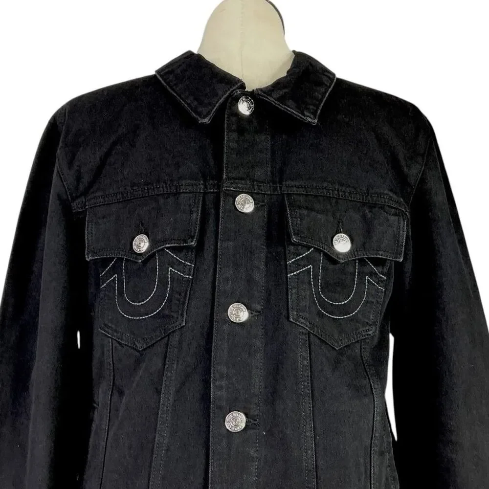 True Religion Jimmy Mens Black Denim Trucker Jacket L Button Front Classic Logo